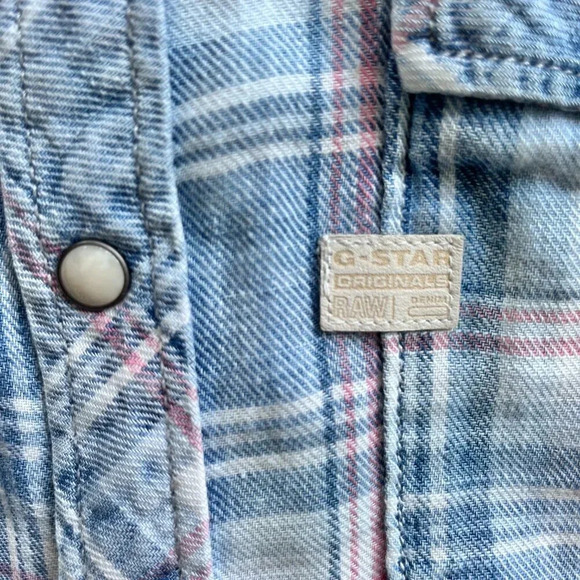 G-Star Raw Landoh Pearl Snap Faded Plaid Button Down Shirt Size L Western Blue - Picture 4 of 9